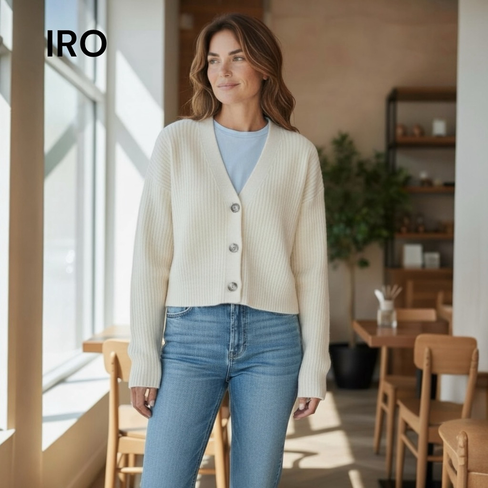 IRO Cream Ribbed V-Neck Cardigan Wool Cashmere XS